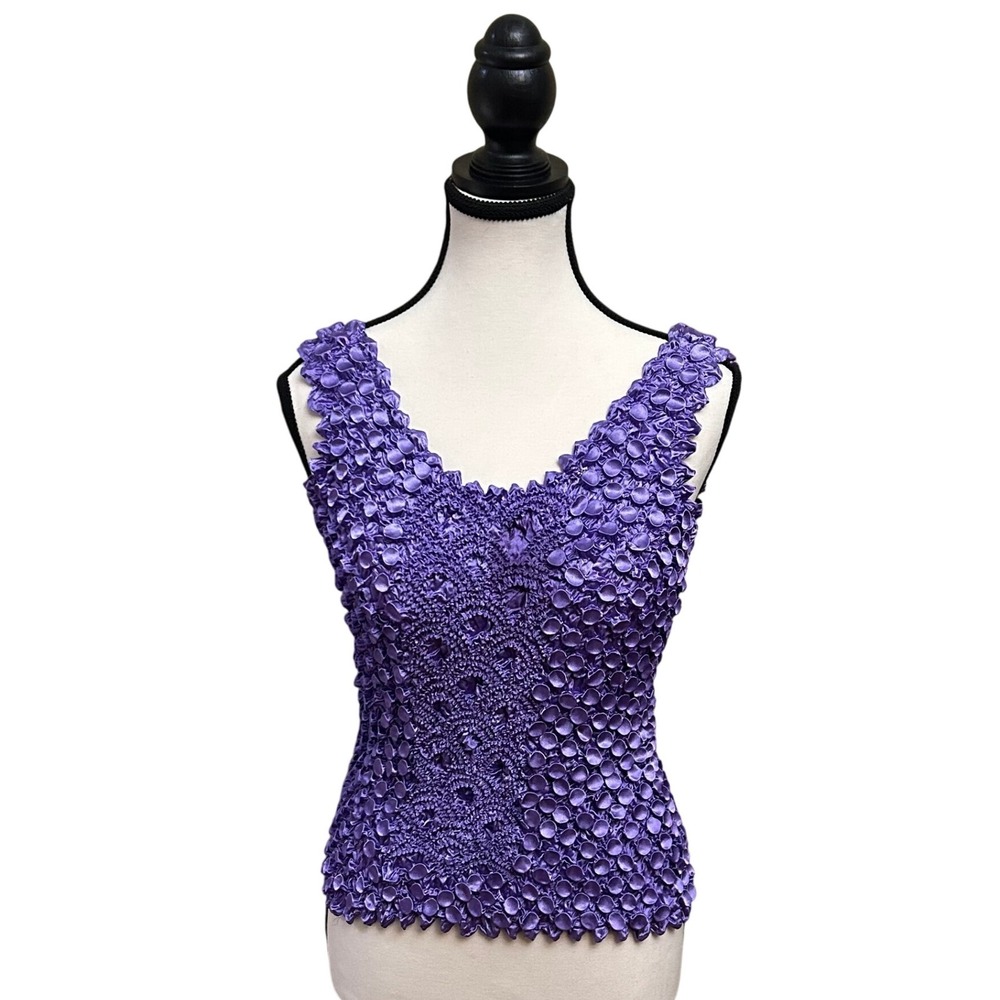 Purple Popcorn Crinkle Top Sleeveless V-Neck Unique Texture Party Blouse